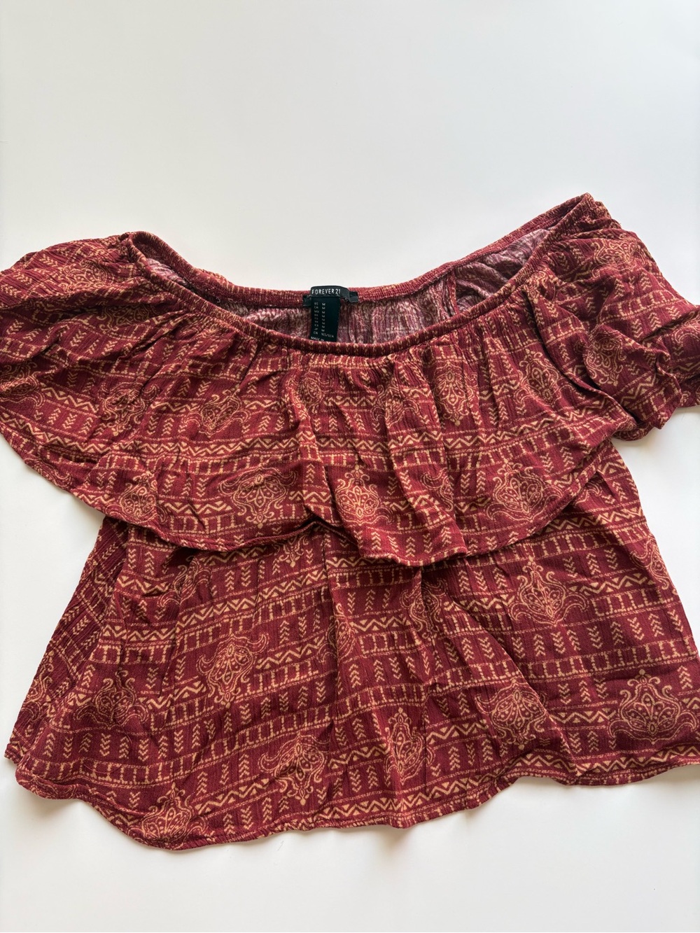 Forever 21 Maroon Printed Off-Shoulder Crop Top